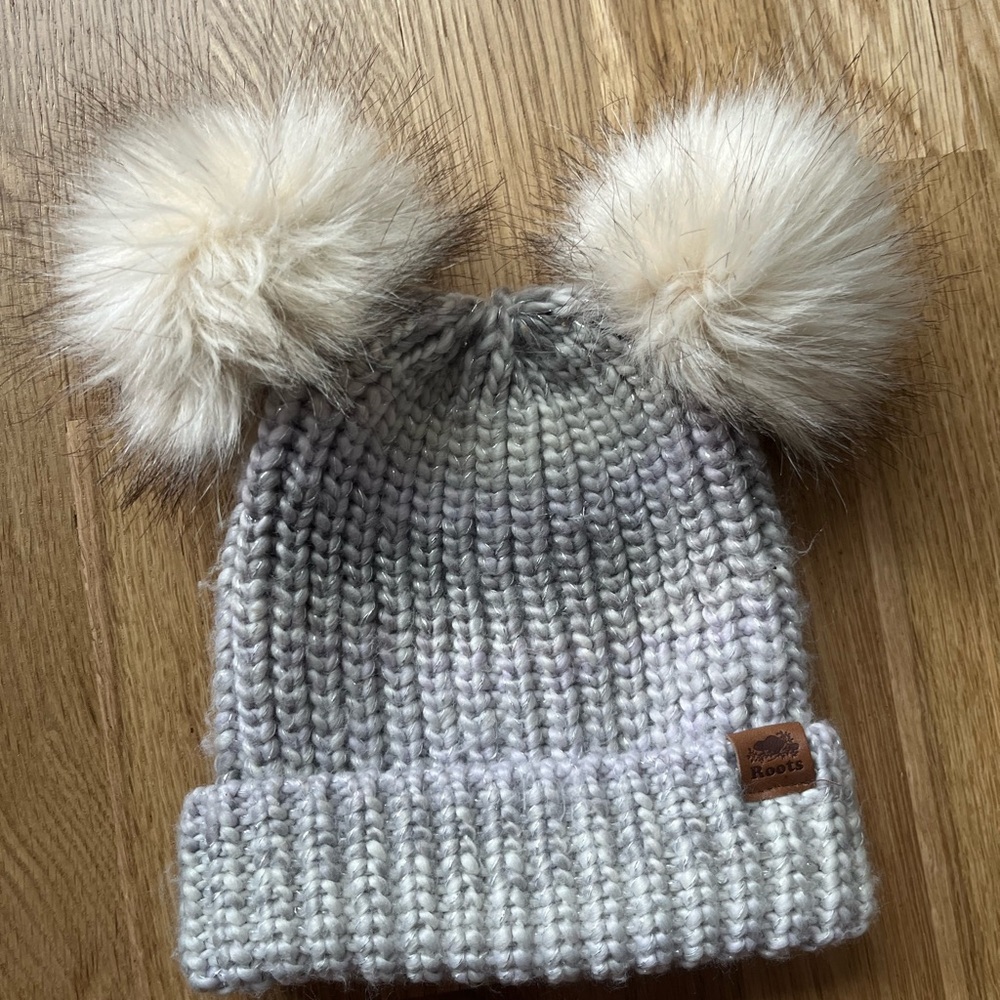 Roots Cream Knit Hat with Pom-Poms